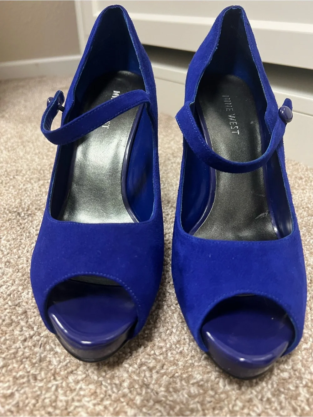 Nine West Royal Blue Suede Peep Toe Mary Jane Heels